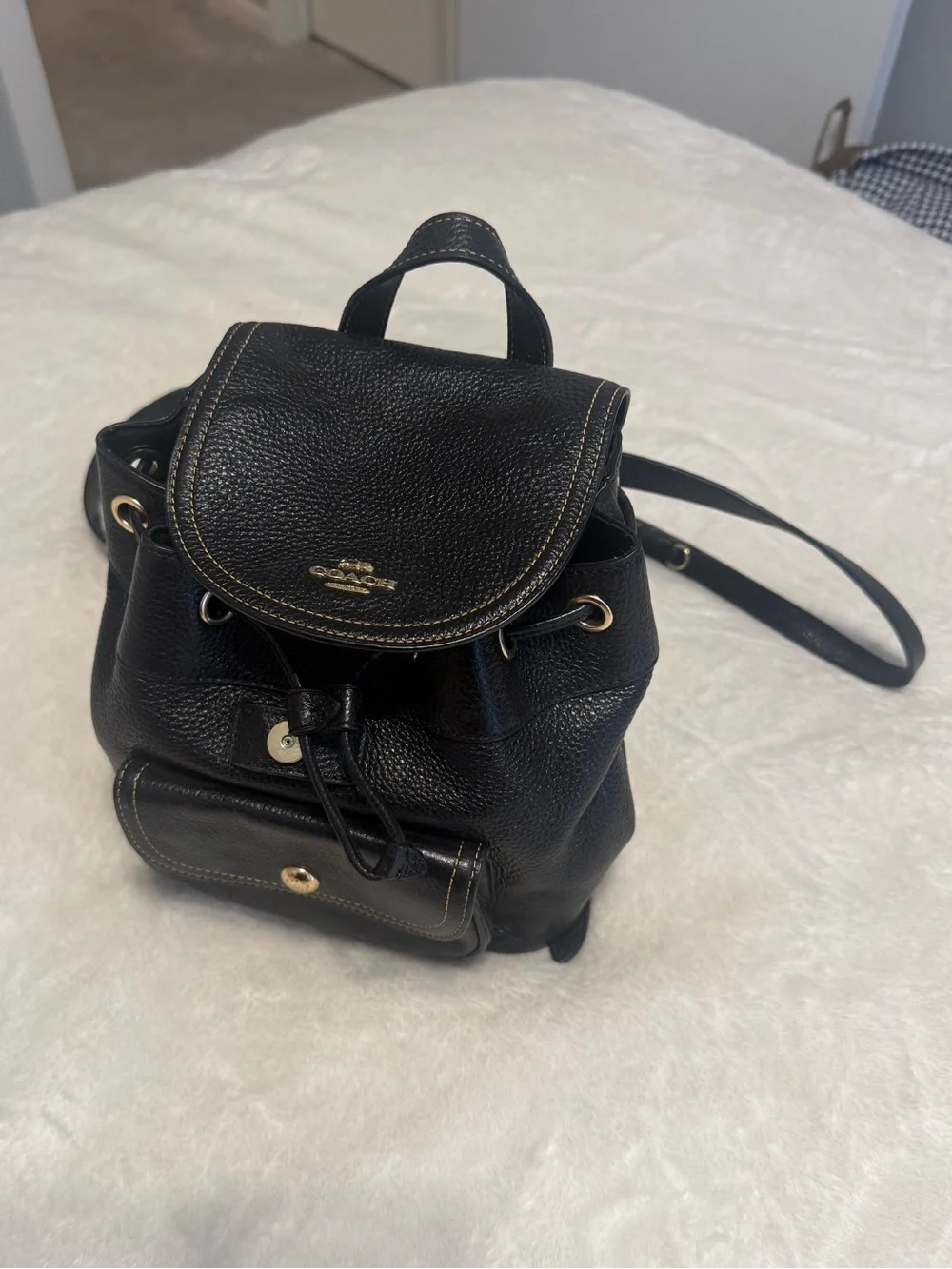 Coach Black Pebbled Leather Mini Drawstring Backpack